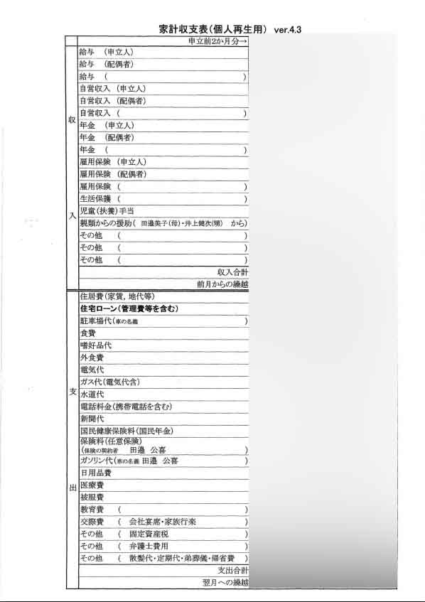 個人再生用の家計収支表